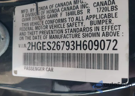 2003 Honda Civic Ex z USA, uszkodzony, nr VIN 2HGES26793H609072